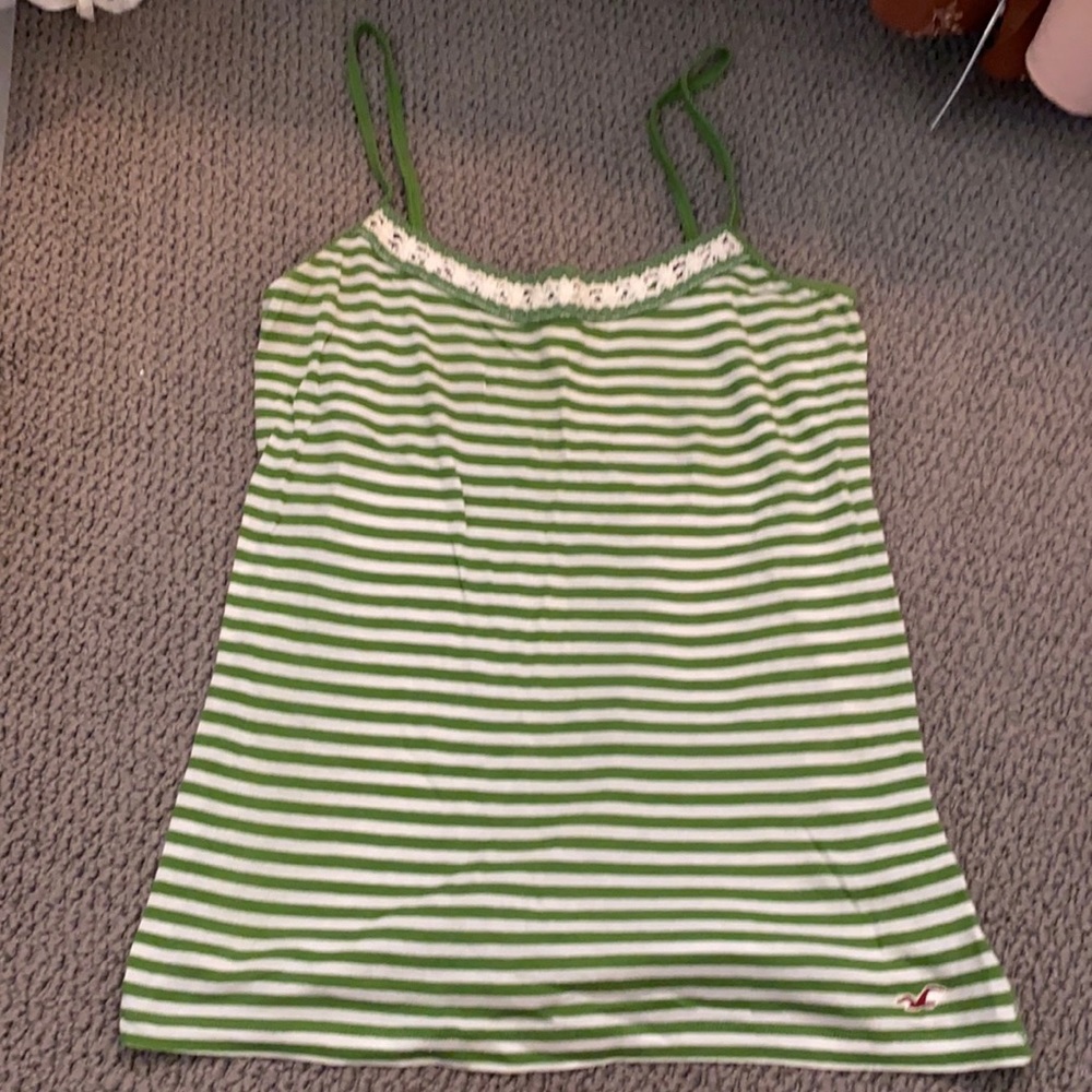 Hollister green cream stripe cami w/ crochet